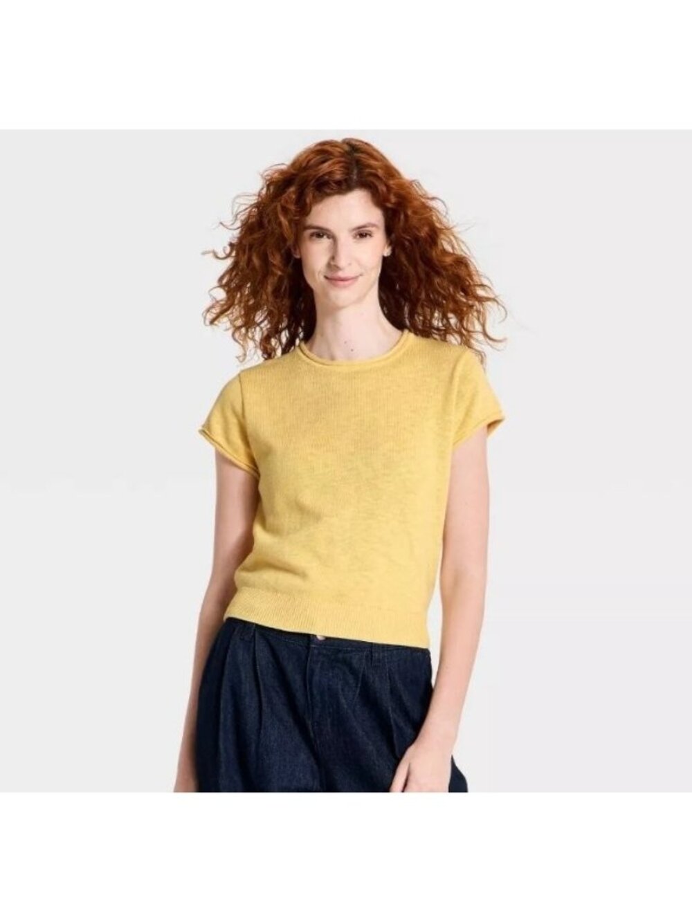 A New Day Women's Yellow Cotton Knit Cap Sleeve Sweater Top XL NWT Knit